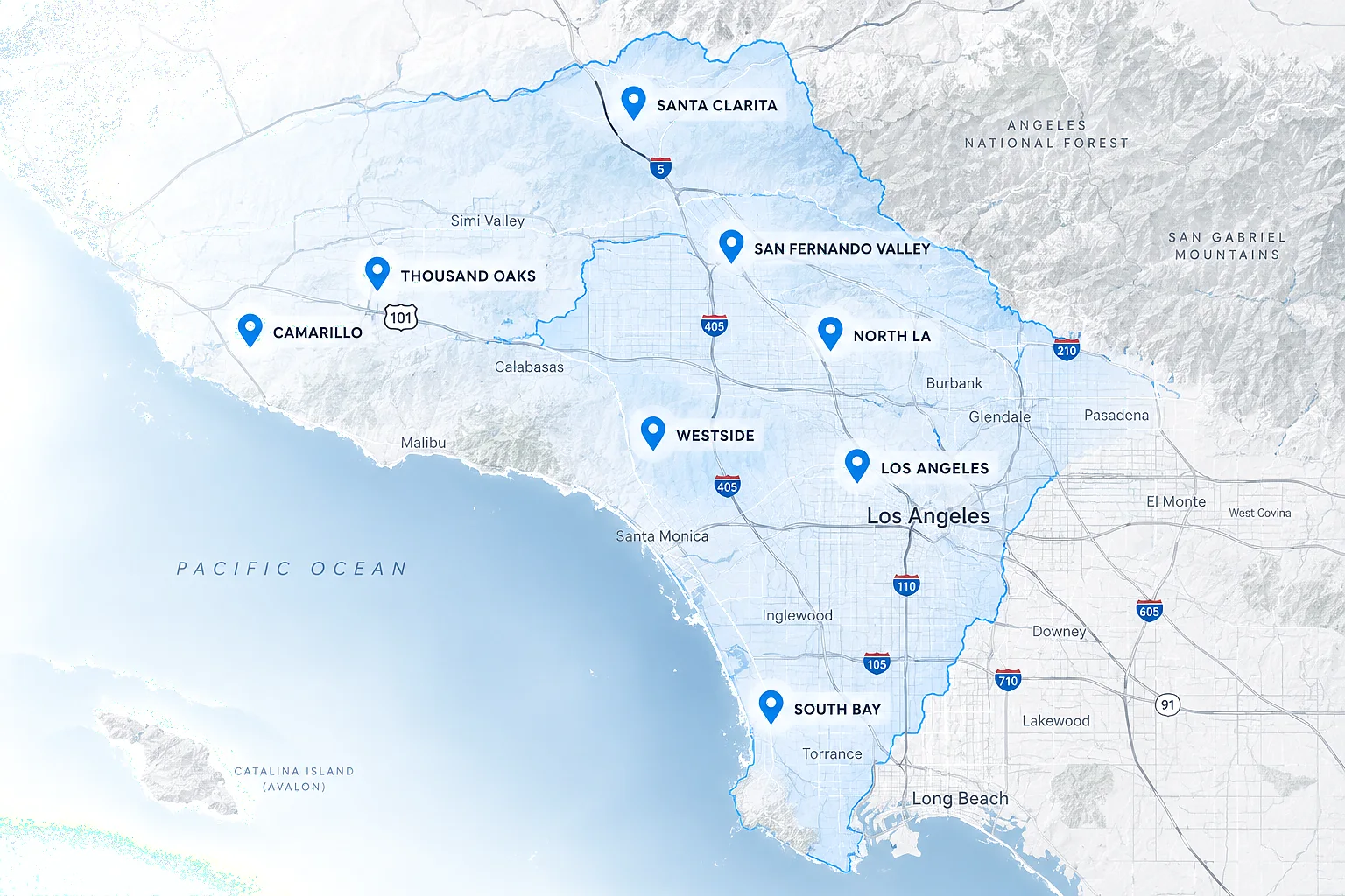 Greater Los Angeles service area map with Allure Pro Wash coverage locations